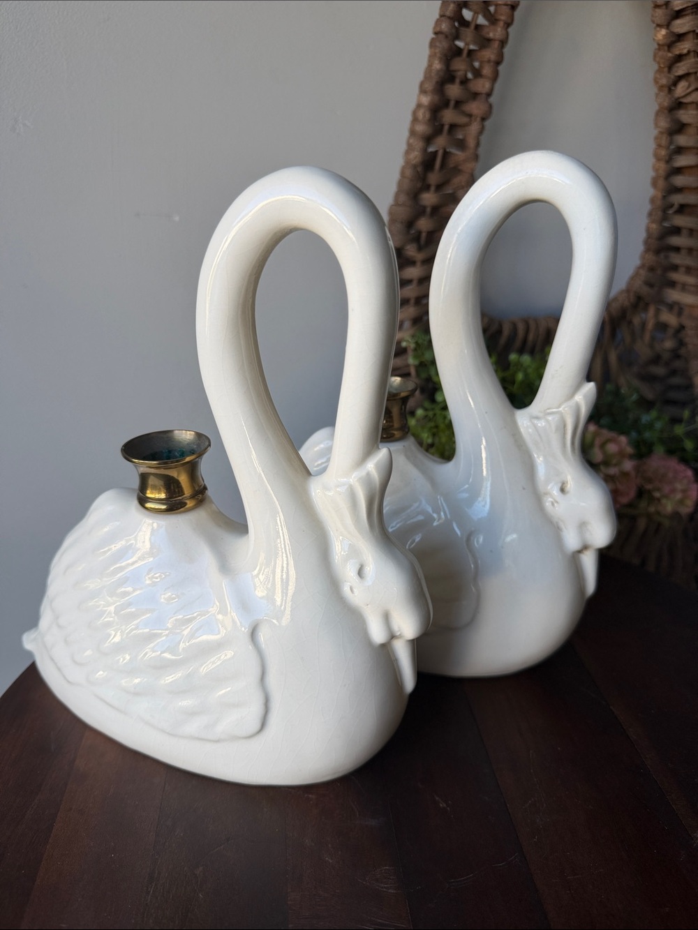 Set of Two White Vintage Ceramic Swan Candle Holders with Brass Detail